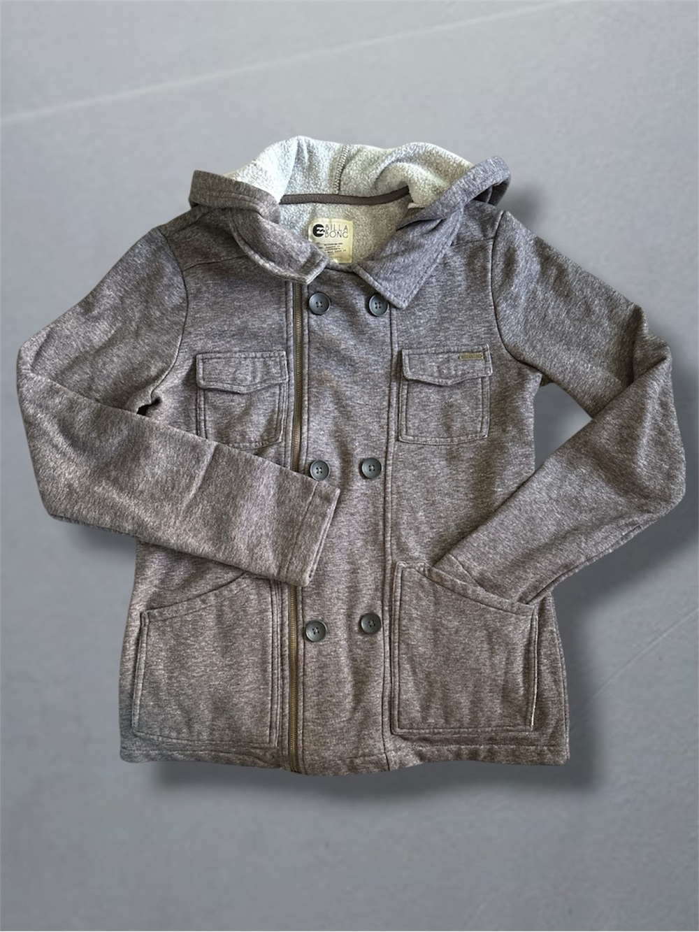 Billabong Heather Gray Double Breasted Hooded Pea Coat Fleece Jacket Size Large